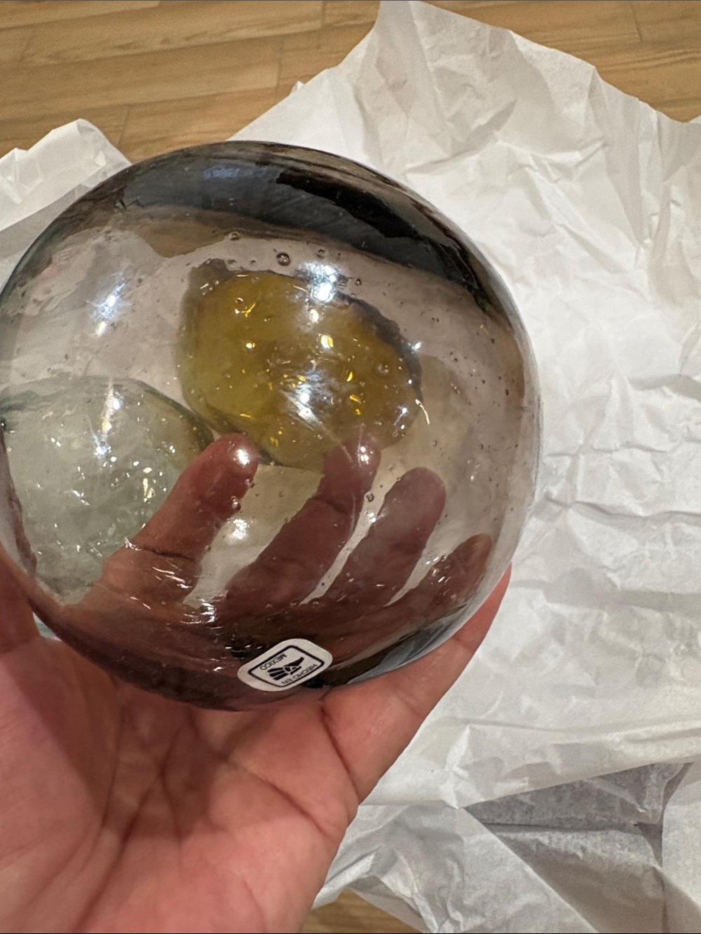 Handblown Glass Spheres - Amber, Smoky Gray & Seafoam new 13” round - Picture 4 of 4